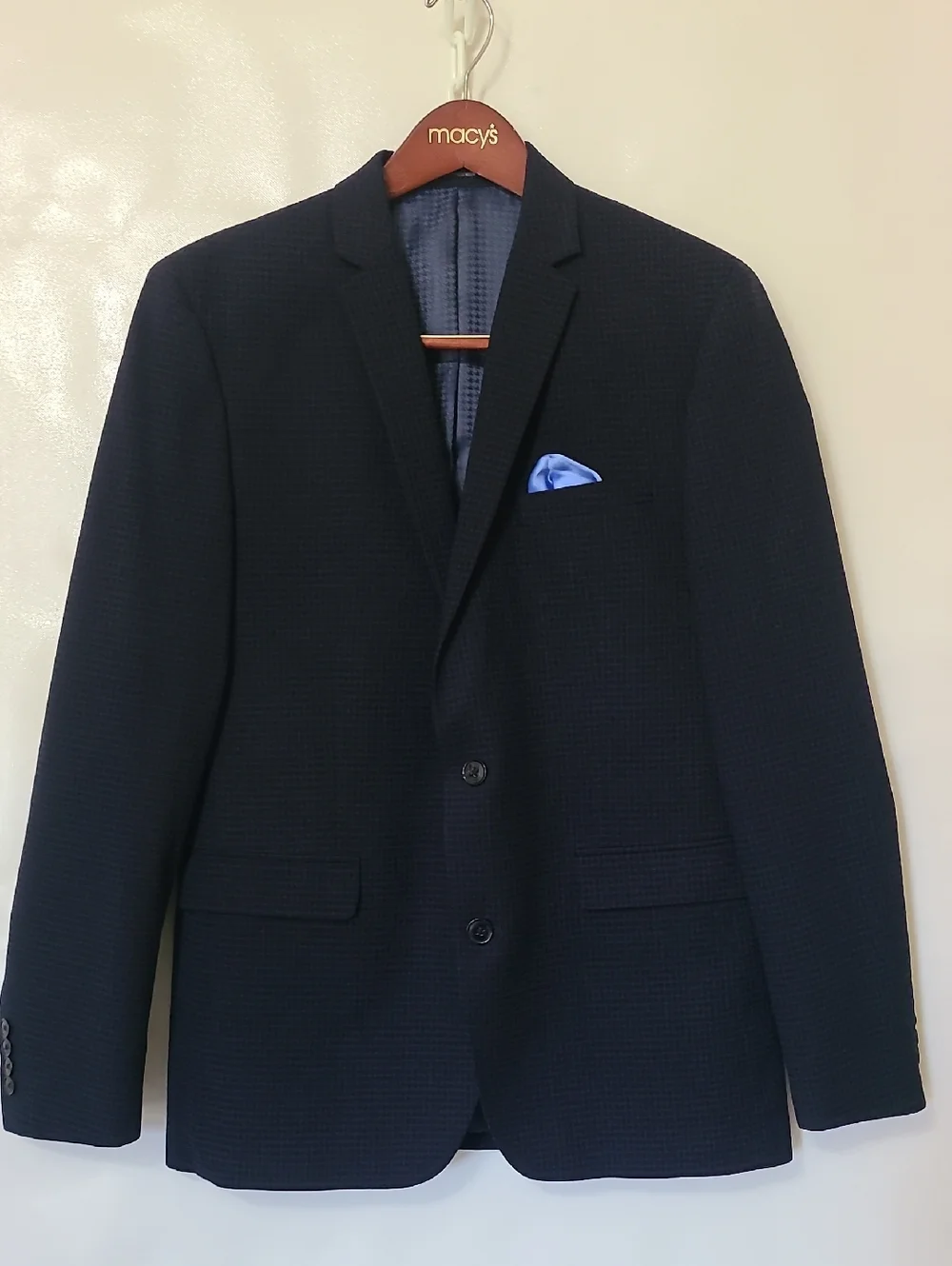 Bar III Men's Slim Fit Black &Navy Sport Coat Blazer Blue Pocket Square - 42L